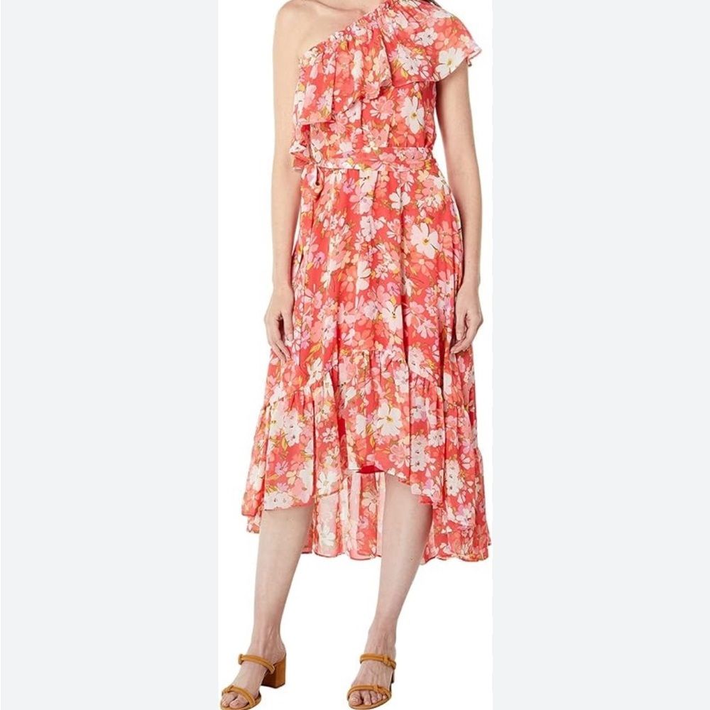 Vince Camuto Orange Floral One Shoulder Asymmetrical Midi Dress Size 18 Nwt
